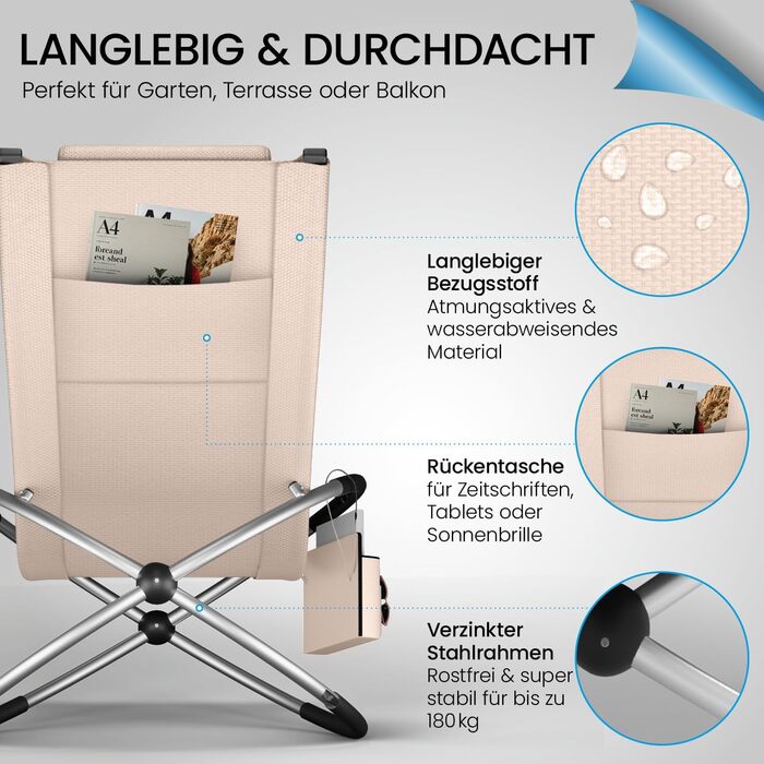 Крісло-гойдалка ELONEO для вулиці з кишенею, розслаблююче крісло до 180 кг, стійке до погодних умов, шезлонг для саду та балкону (з подушкою, кремово-антрацитовий)