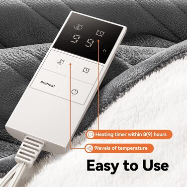 Електрична ковдра з автовимкненням та 9 зон нагріву 200x180 см, таймер 1-9 год з функцією пам'яті, швидкий нагрів та рівномірний розподіл тепла, двостороння фланель та штучне хутро