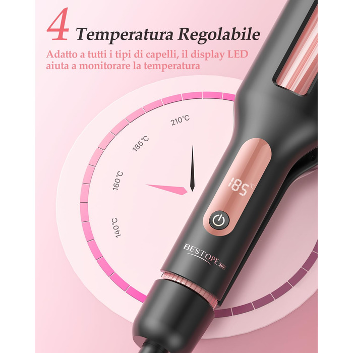 4-в-1 Випрямляч та завивачка для волосся - 22/25/32/38 мм, для створення хвиль, 4 температури (140-210°C), 3 насадки, чорний, Rose
