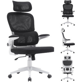 Офісний крісло BAKAJI з ергономічною тканиною, підтримкою попереку та підголівником, поворотне, регульоване по висоті, дихаюча тканина, чорний