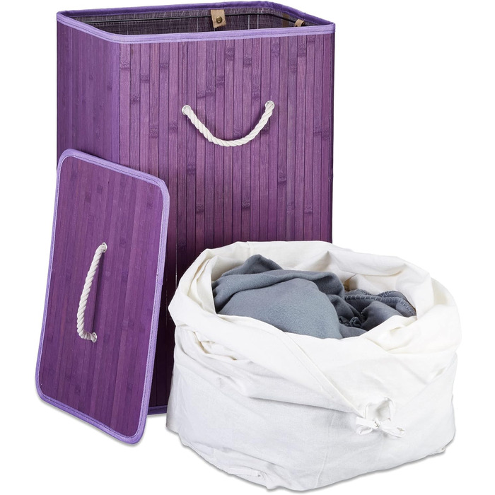 Бамбуковий кошик для білизни, з кришкою, прямокутний, XL, 83 л, складний контейнер для білизни, ВхШхГ 65,5 x 43,5 x 33,5 см, фіолетовий, 1