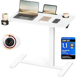 Приставний столик VASAGLE на колесах, мобільний, велика стільниця, регульована висота, 2 тримачі для напоїв, слот для телефону/планшету, LSD600W01 (80x45 см, білий)