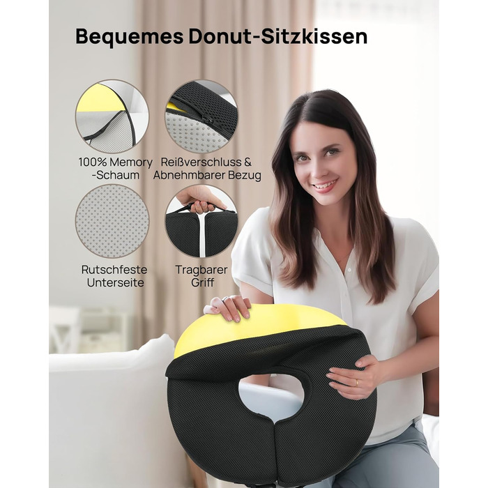 Ортопедична подушка-кільце Feagar: регульований ергономічний подушка-пончик для копчика, геморою та післяпологового відновлення, підходить для авто, офісного крісла та візка, чорна, великий розмір (90-140 кг)