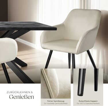 Тектейк® сучасний стілець для їдальні з підлокітниками, сидіння з велюру, крісло для вітальні, оббитий офісний стілець з чорними металевими ніжками, стілець для туалетного столика - коричневий/чорний (набір 6 шт., кремовий чорний)