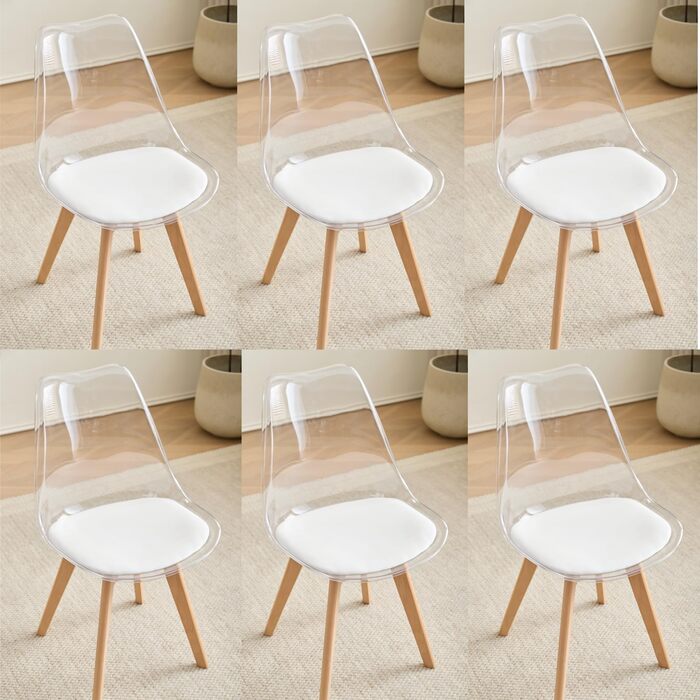 Набір з 6 сучасних стільців для їдальні, кухонних стільців з м'яким сидінням та буковими ніжками для спальні, вітальні, їдальні, кухні – (прозора + біла підкладка з PU шкіри, набір з 6 шт.)