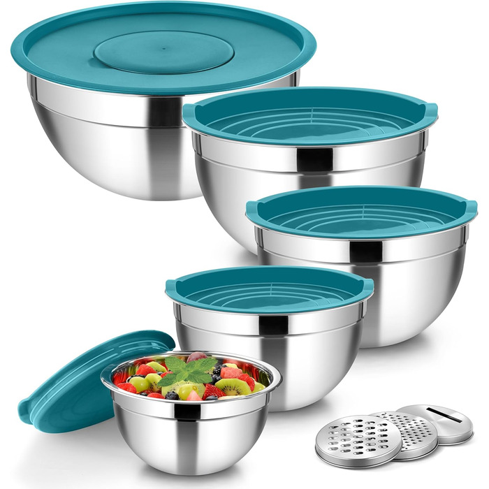 Набір мисок Homikit, 5 шт. з нержавіючої сталі, з кришкою та силіконовим дном, мультифункціональний, для салатів, 6.6L / 3.5L / 2.5L / 1.5L / 1L (блакитний, з 3 тертками)
