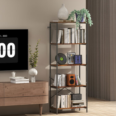 HOMCOM Полиця для книг, 5 ярусів, металева конструкція, поверхня з меламіну, коричнева