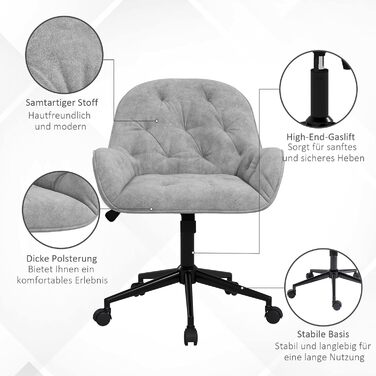 Поворотне крісло Vinsetto Регульоване по висоті ергономічне робоче крісло з оксамитовим виглядом світло-сірого кольору для вітальні та офісу