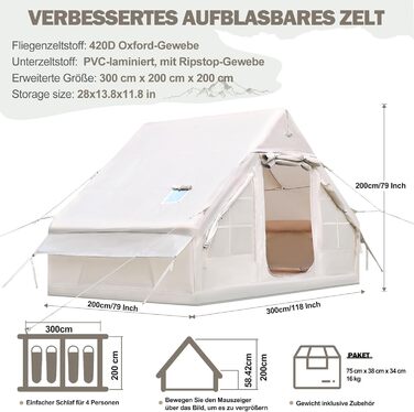 Надувний кемпінговий намет Oxford 420D Glamping 2-4 особи з насосом, водонепроникний 3000мм, для 4 сезонів, з вікном-сіткою та димоходом 300x200x200 см