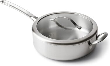 Сковорода GreenPan X Food 52 Five-Two Essentials з нержавіючої сталі Tri-Ply 4QT з кришкою, без PFAS, Multi-Clad, для індукційних плит, можна мити в посудомийній машині, термостійка, срібна