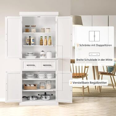 Шафа для зберігання Yaheetech 183,5 см, кухонна шафа з регульованими полицями та 2 шухлядами, багатоцільова шафа для дому, буфет для їдальні, велика, біла