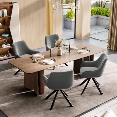 Обідні стільці поворотні, комплект 6 шт. з підлокітниками, сучасний дизайн, металевий каркас, для кухні, вітальні, офісу, бежевий/світло-сірий (льон/велюр)