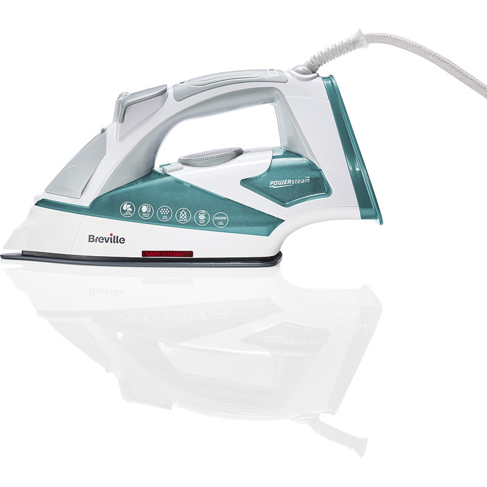 Праска Breville Powersteam 2600W з керамічною підошвою, 220г парового удару, вертикальним паровим струменем, автовимкнення, білий/блакитний