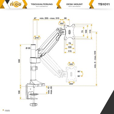Кріплення для монітора RICOO TS3011: регульована підставка для монітора 13-34 дюймів, VESA 75x75/100x100, для кріплення на стіл