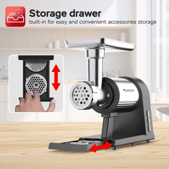 Електрична м'ясоподрібнювач TurboTronic Samurai 2600W з набором аксесуарів: для ковбас, печива, кеббе та подрібнення овочів. Корпус з нержавіючої сталі, металеве редукторне зчеплення.