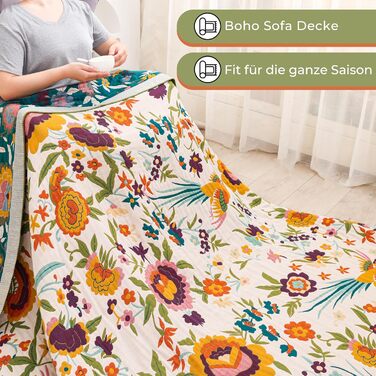 Плед Boho з 100% бавовни, стиль кантрі, 150x200 см, гранатовий колір. Плед на диван та ліжко з квітковим візерунком (квіти, птахи)