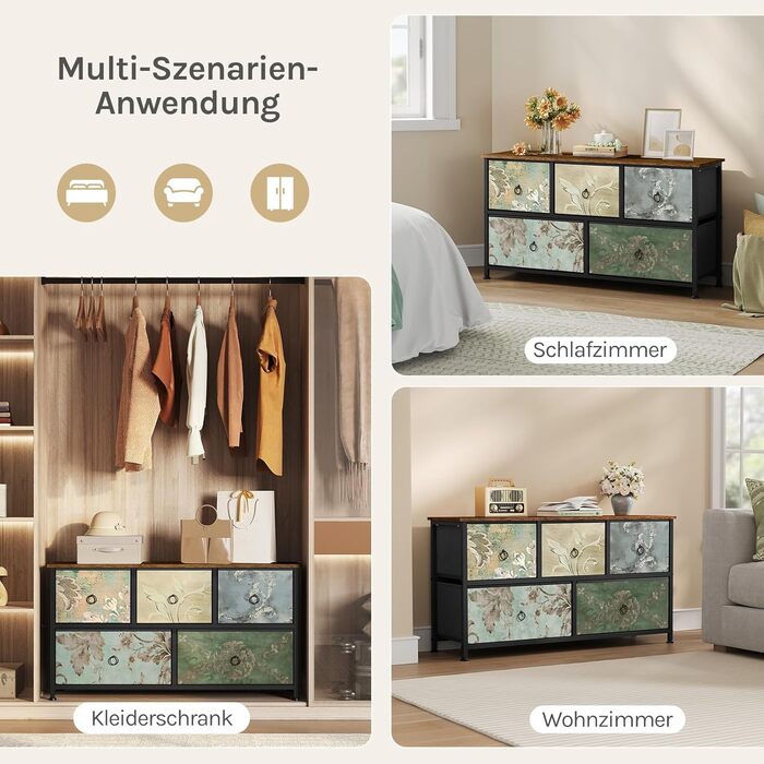 Комод WOLTU з 5 висувними ящиками з тканини, шафа-комод, тумбочка під ТБ, для вітальні, спальні, коридору, з металевим каркасом, ДСП, білий, SSK005ws. Білий (Рустикальний коричневий + чорний + вінтажний квітковий принт, 5 тканинних ящиків)