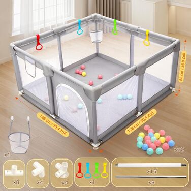 Манеж дитячий CHOLY для немовлят та малюків 128x128 см, сірий. Безпечний, з сіткою, м'яким захистом, легко збирається