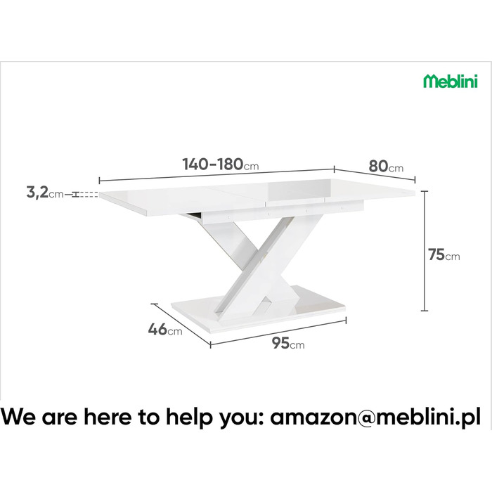 Обідній стіл MebleIni Bronx розсувний, 140-180x80x75 см, білий глянцевий