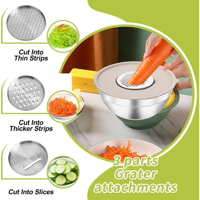 Набір міксерів YlYADl (31 предмет) - 6 нержавіючої сталі миски з кришкою та силіконовим дном (0.8-2.9L), стекові, 3 насадки-тертки