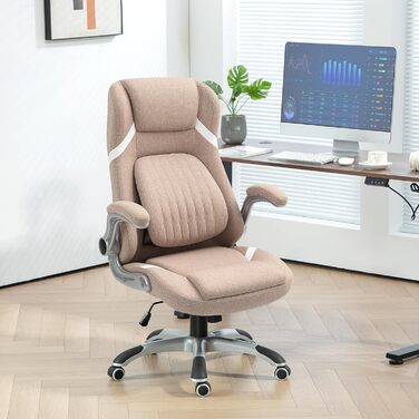 Крісло офісне Vinsetto ергономічне з регульованими підлокітниками та підголівником, з підтримкою попереку, регульоване по висоті, з функцією гойдання та текстильною оббивкою, світло-коричневе