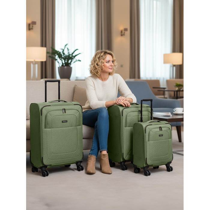 Набір валіз REDOLZ 3 шт. для жінок та чоловіків | Легкі та стійкі дорожні валізи з високоякісним softcase, 4 подвійні колеса, TSA-замок, розширювані (Essentials 12) Оливковий колір