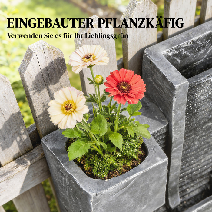 Водоспад на 3 рівня з підсвічуванням LED, декоративне кашпо, насос та імітація каменю, регульована висота, розміри 38 x 19 x 101 см