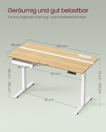 Електричний регульований стіл VASAGLE з пам'яттю висоти, з розетками та ящиком для зберігання, хмаринно-білий + золотий дуб, LSD112W01