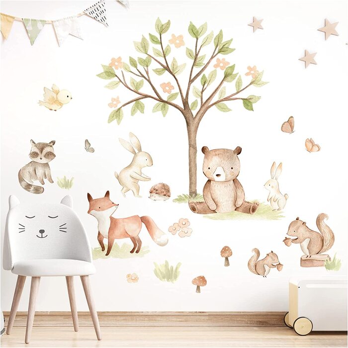 Наклейка на стіну для дитячої кімнати Grandora з лісовими тваринами, наклейка на стіну із зображенням ведмедя, лисиці, дерева, прикраса для дитячої кімнати, DL853-2 (XXL - 276 x 162 см (ШхВ))