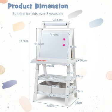 Дитяча дошка GOPLUS 3-в-1 магнітна дошка та крейдяна дошка, мольберт з ящиком для зберігання (білий)