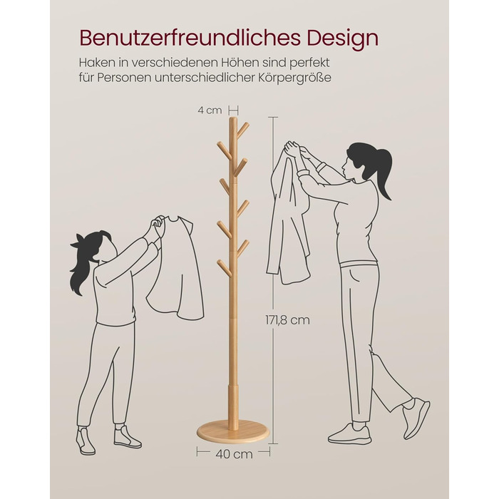 Стійка для одягу VASAGLE, дерев'яна, для вішалок та аксесуарів, 8 гачків, для прихожей, RCR010B01 (натуральний беж)