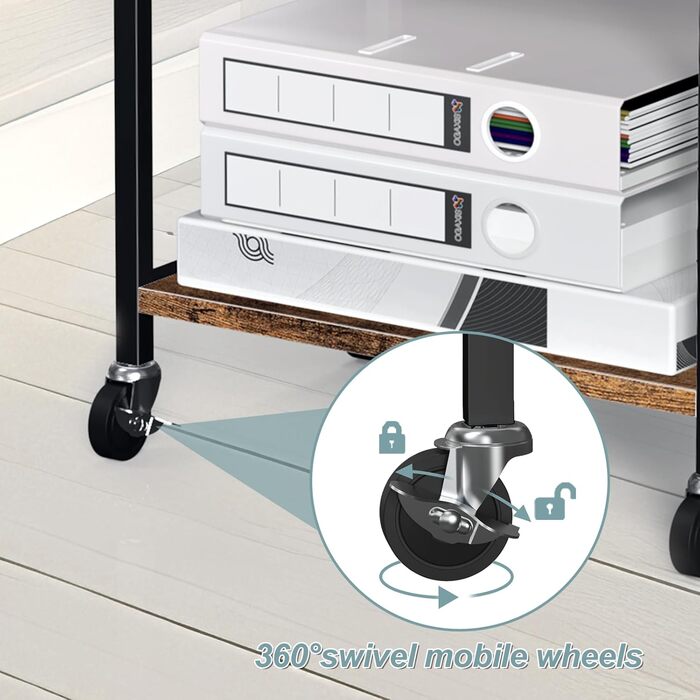 Двоярусний столик для принтера з роликами, 30x42x37 см, дерев'яний та металевий, мобільний, для офісу та вітальні (колір: коричневий)