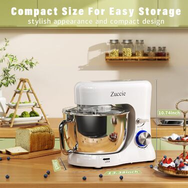 Кухонна машина Zuccie з тихою роботою, місткістю 5л, з нержавіючою чашею, 3 насадки, сплітц-захист, скребок для тіста та роздільник яєць, 8+ швидкостей.