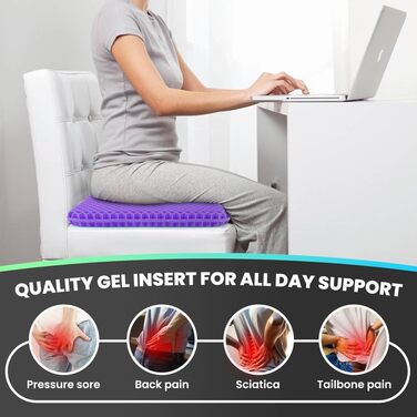 Ортопедична гелева подушка для сидіння на офісний стілець, автокрісло та візок — м'яка з протиковзким чохлом, фіолетова (43x39x4 см)