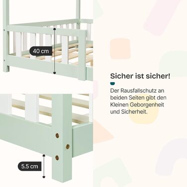 Дитяче ліжко Sisimiut Hausbett Montessori від en.casa з бар'єром безпеки. Дерев'яне ліжко для дітей, ліжко-платформа, сосна, світло-сірий/білий, 140 x 200 см (без матрацу)