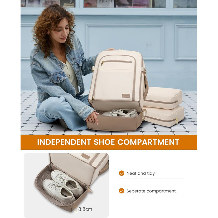 LOVEVOOK Рюкзак для ручної поклажі 40L з окремим відділенням для взуття, жіночий, великий, з вологостійким відділенням, рюкзак-валіза для подорожей (3 шт., Бежевий, Хакі)