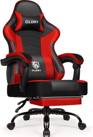 Ігровий крісло, офісне ергономічне крісло з телескопічною підніжкою, з підголівником та підтримкою попереку, регульоване та поворотне, 150 кг, (червоний)