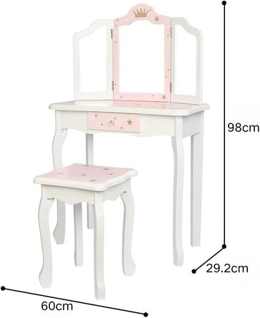 Дитячий туалетний столик LEADZM з пуфом для дівчаток, з двома дзеркалами 180°, комод з шухлядою, для дітей 3-9 років (білий & рожевий)