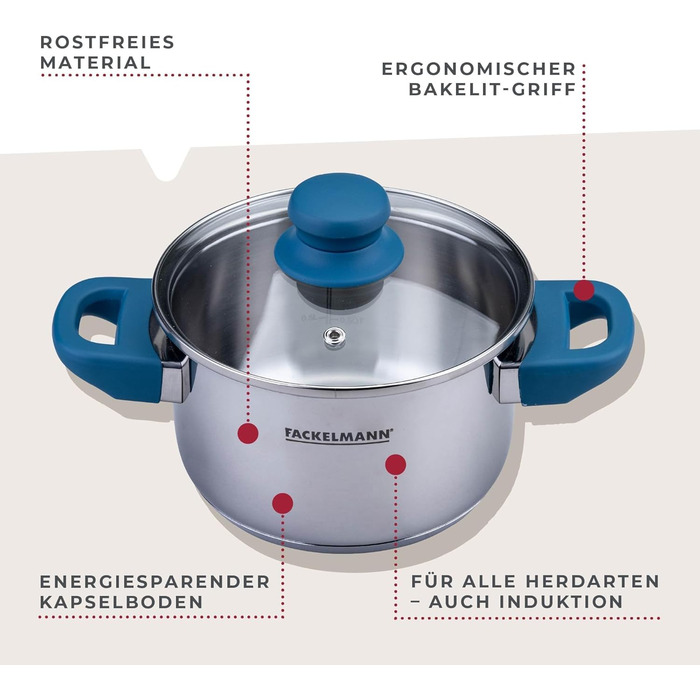 Каструля Fackelmann Essential з нержавіючої сталі з ергономічною ручкою Bakelite та літровою шкалою, 16 см, блакитна