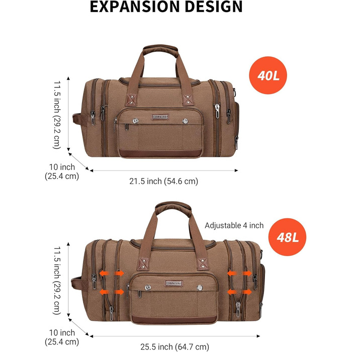 Полотняна дорожня сумка WITZMAN чоловіча 48 л розсувна спортивна сумка для ручної поклажі A8007 (коричнева)