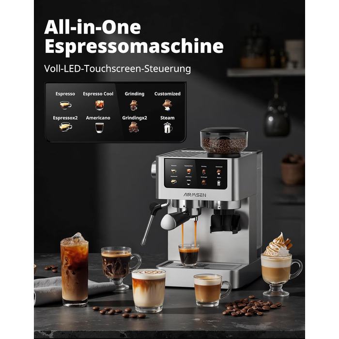 Еспресо-машина Siebträger з прозорою колбою, 20 Bar, автоматичний спінювач молока, для капучино та лате, Dual Boiler (1350W & 1000W), 15s екстракція, нержавіюча сталь, бак 1.8L, сенсорний дисплей, автоматичний спінювач молока (з млинком)