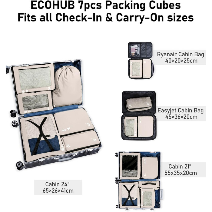 Набір органайзерів для подорожей ECOHUB для валізи, 7 шт, сумки для одягу та взуття з переробленого PET, екологічні пакувальні куби, бежевий