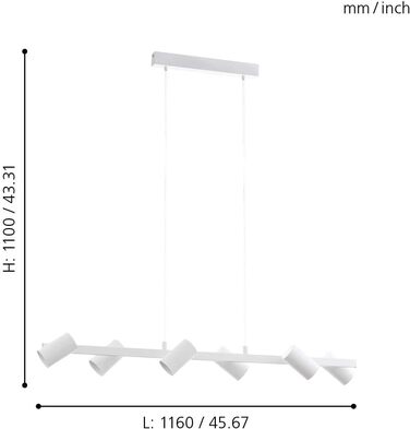 Підвісний світильник EGLO Gatuela, підвісний світильник на 6 полум'я, підвісний світильник зі сталі білого кольору, нікельований матовий, лампа для обіднього столу, світильник для вітальні з цоколем E14, підвісний світильник L 116 см 6 полум'я