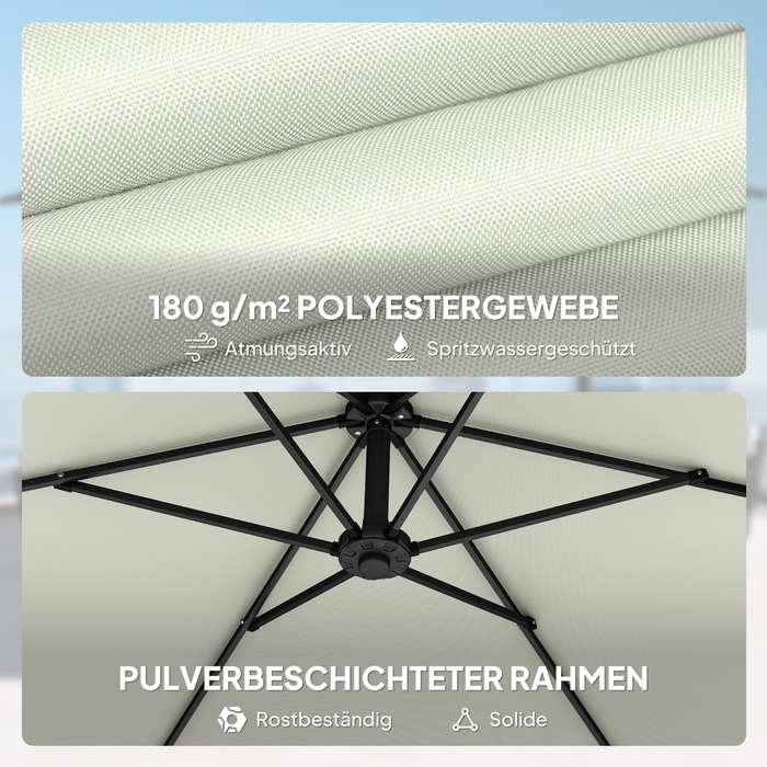 Сонячний парасоль з аркою, діаметром приблизно 300 см, з механізмом блокування, ручним підйомником, стійкою та вагами. Колір: кремовий білий.