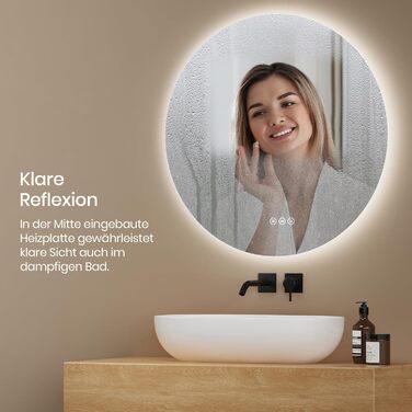 Дзеркало для ванної кімнати EMKE з підсвічуванням, 50 см, кругле, без рами, з регулюванням яскравості, 3 кольори світла, антизапар, сенсорне управління, функція пам'яті, 60x60 см