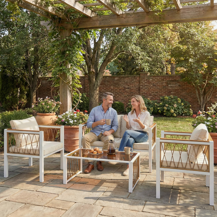 Набір садових меблів 4-в-1 з ротангу: диван на двох, 2 крісла, скляний столик, знімні подушки та килимок з антиковзним покриттям