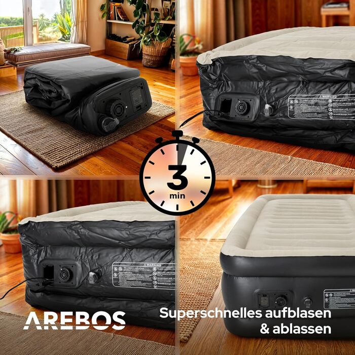 Надувний матрац Arebos самонадувний, 203x95x51 см, для 1 особи, з електричним насосом, для дому/кемпінгу, сірий/антрацитовий