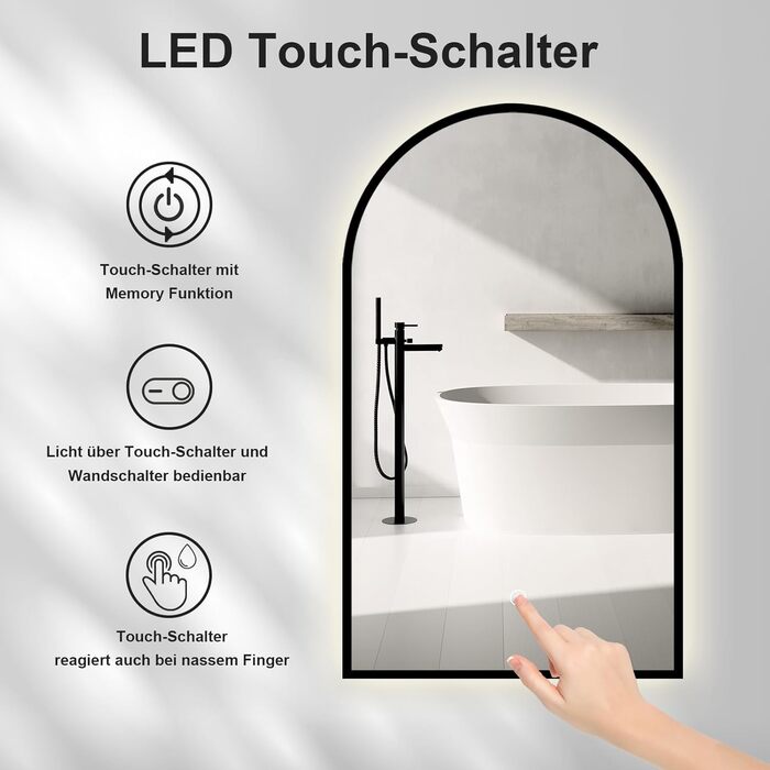 Дзеркало для ванної кімнати овальне з підсвічуванням 75x45 см, LED, сенсорне керування, зміна кольору світла (чорний)