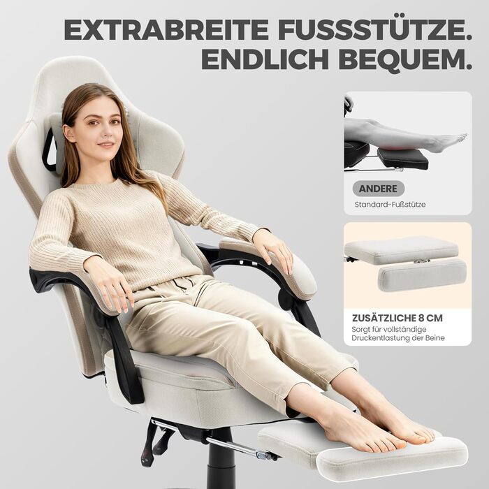 Ігровий крісло Dowinx з тканини та масажем, ергономічний геймерський крісло-ресинг з підніжкою (Бежевий)