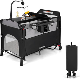 Дитяче ліжко-манеж COSTWAY 120x60 см, 2 рівні, з матрацом, пеленальним столиком, іграшками та музичною шкатулкою, мобільний, регульований, для дітей до 15 кг